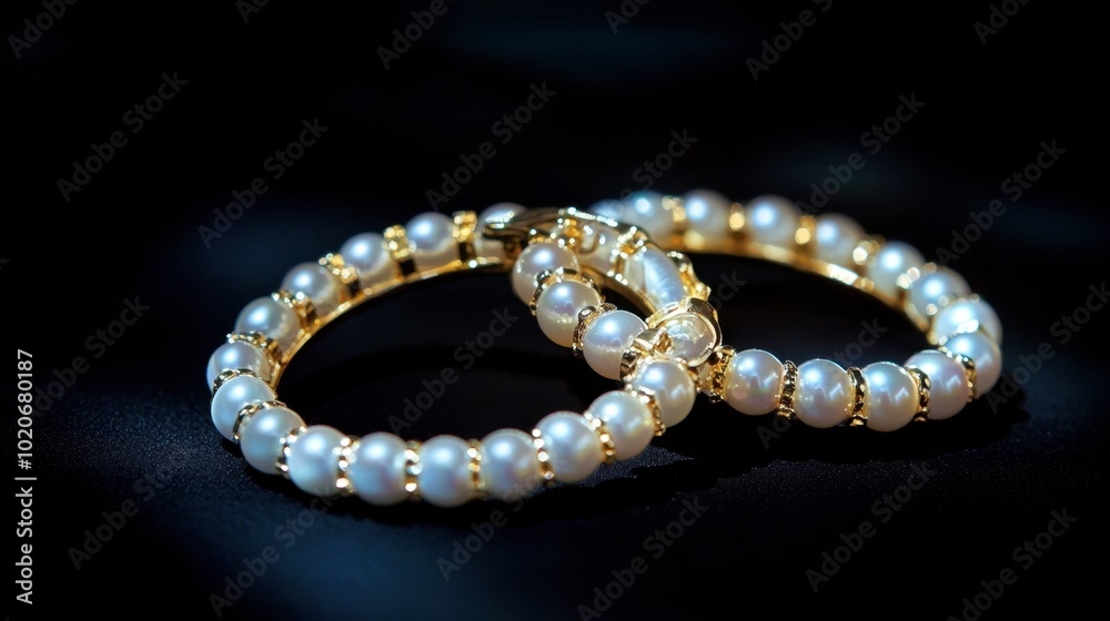 Pearl hoop earrings arranged on a sleek, black background, contrasting with their soft glow. Pearl hoop earrings arranged on a sleek, black background, contrasting with their soft glow.