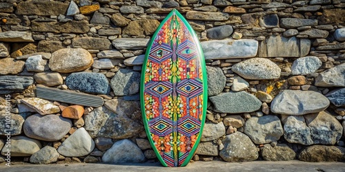 Forced perspective surfboard against a rock wall photo