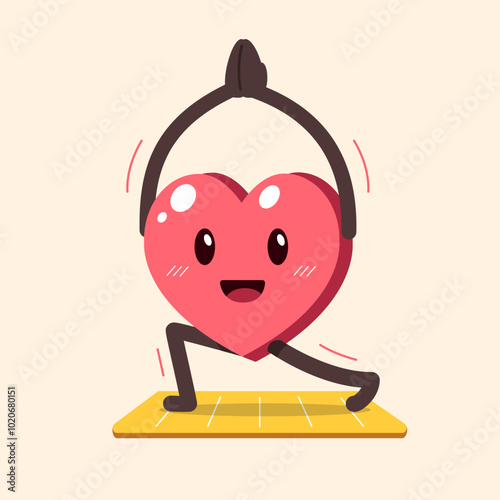 Cartoon heart character doing yoga on exercise mat for design.