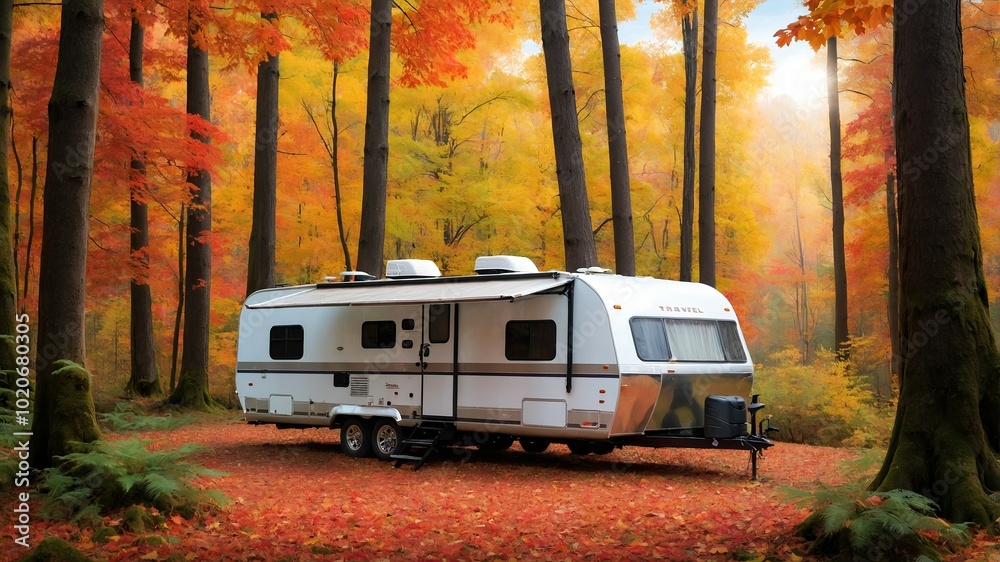 Travel trailer parked in the midst of serene forest displaying the vibrant hues of autumn Travel trailer parked in the midst of serene forest displaying the vibrant hues of autumn
