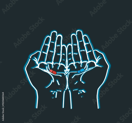 palms up hands shining blue lightning holding red and blue pills isolated on black background illustration