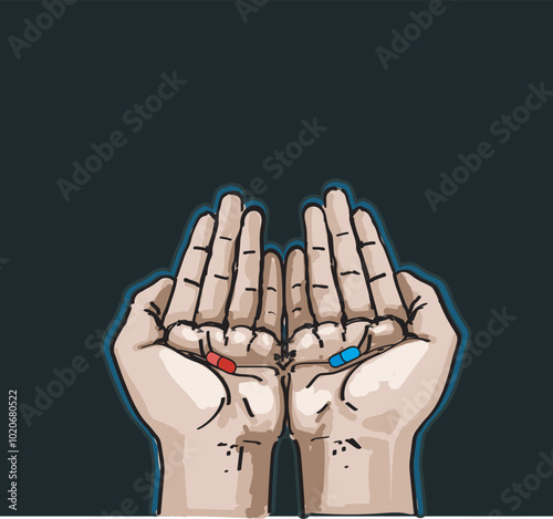 palms up hands holding red and blue pills isolated on black background illustration