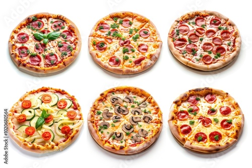 Six different pizzas with various toppings, ready to eat.