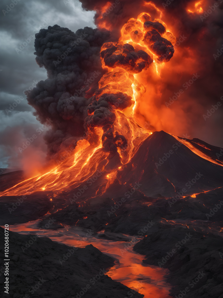 Fototapeta premium An ash-filled sky with swirling clouds and glowing lava illuminating the landscape below, creating a scene of raw natural power 