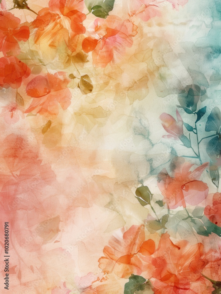Fototapeta premium Delicate watercolor blooms in soft colors evoke a tranquil spring vibe, blending gentle hues of orange, pink, and green gracefully. Generative AI