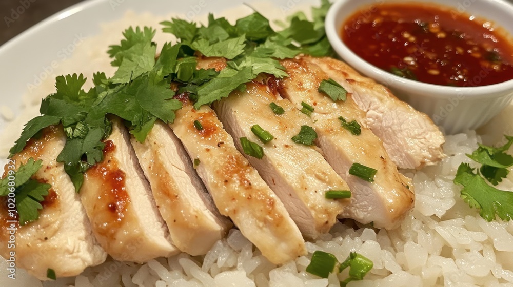 Steamed rice with tender chicken breast slices, garnished with fresh herbs and served with a tangy, spicy dipping sauce. Steamed rice with tender chicken breast slices, garnished with fresh herbs and served with a tangy, spicy dipping sauce.
