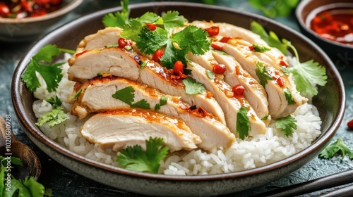 Steamed rice with tender chicken breast slices, garnished with fresh herbs and served with a tangy, spicy dipping sauce.