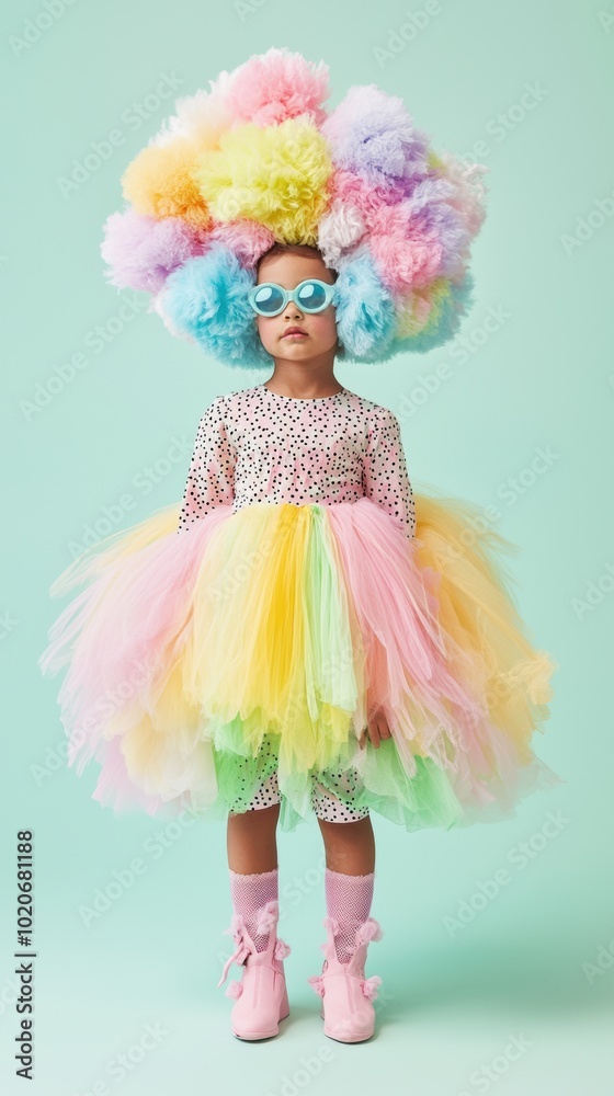 Fototapeta premium A little girl wearing a colorful wig and sunglasses