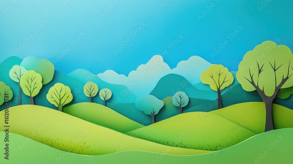 Lush green grass and ancient trees are situated on the hills beautifully contrasting with a bright blue sky Lush green grass and ancient trees on hills against a bright blue sky