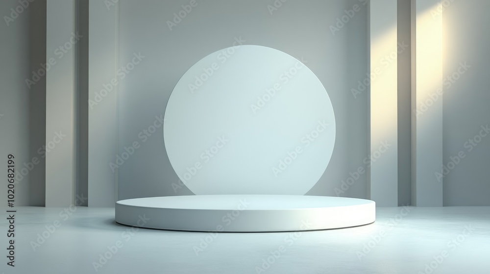 White Circular Platform in Minimalist Room with Oval Backdrop White Circular Platform in Minimalist Room with Oval Backdrop