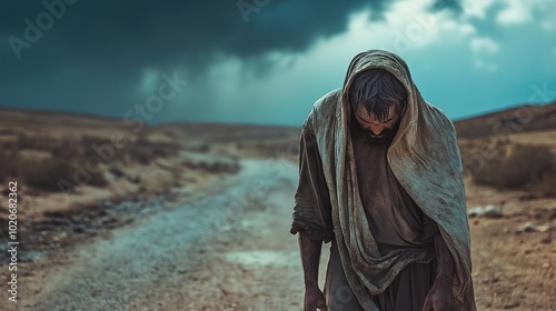 Man israelite crying while walking in a desert road. Ancient days in Israel year of 10 B.C.