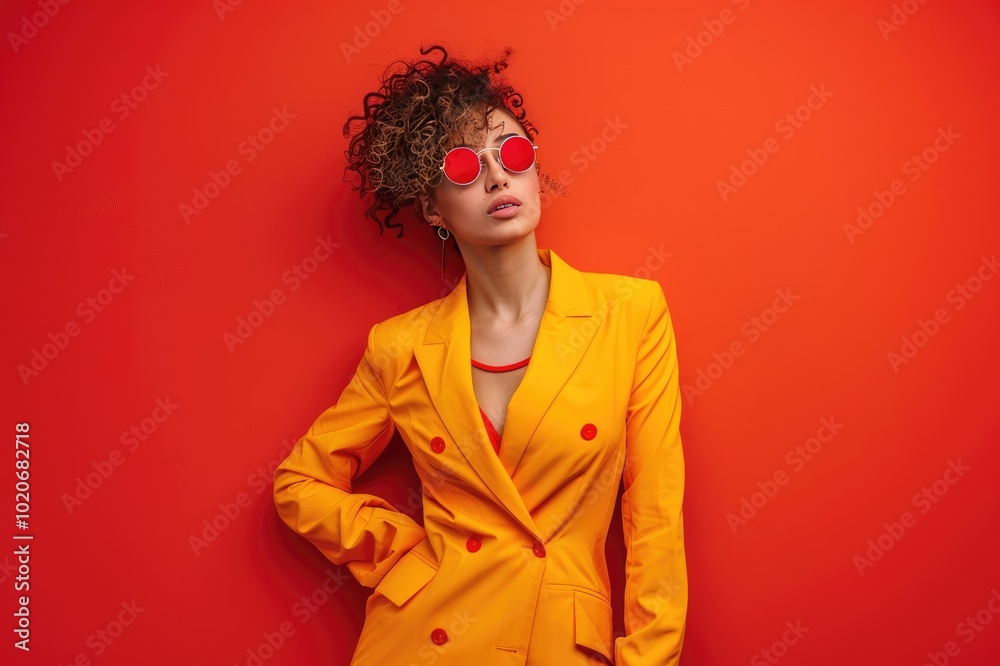 Full size profile photo of funny lady dance wear eyewear yellow suit isolated on vivid red color background