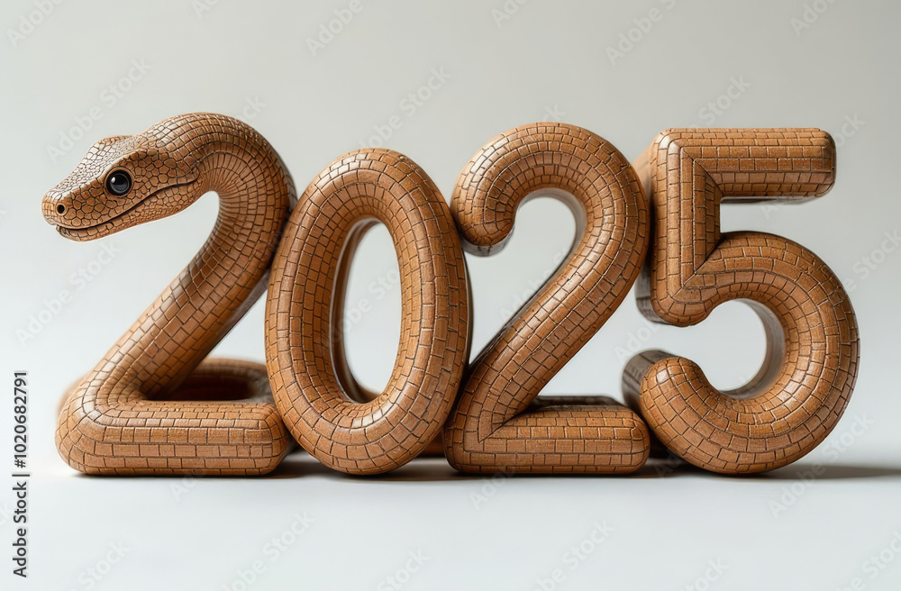 The wooden numbers 2025 stand on a light surface, the number 2 is in the form of a snake, the symbol of the year. The wooden numbers 2025 stand on a light surface, the number 2 is in the form of a snake, the symbol of the year.