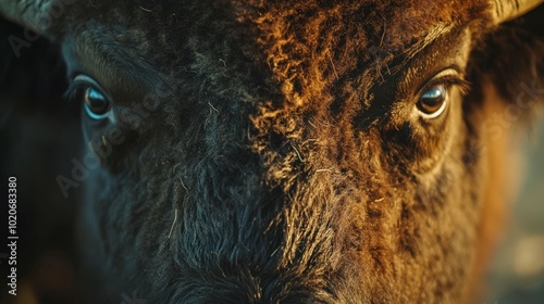 Closeup of a powerful bison's face photo