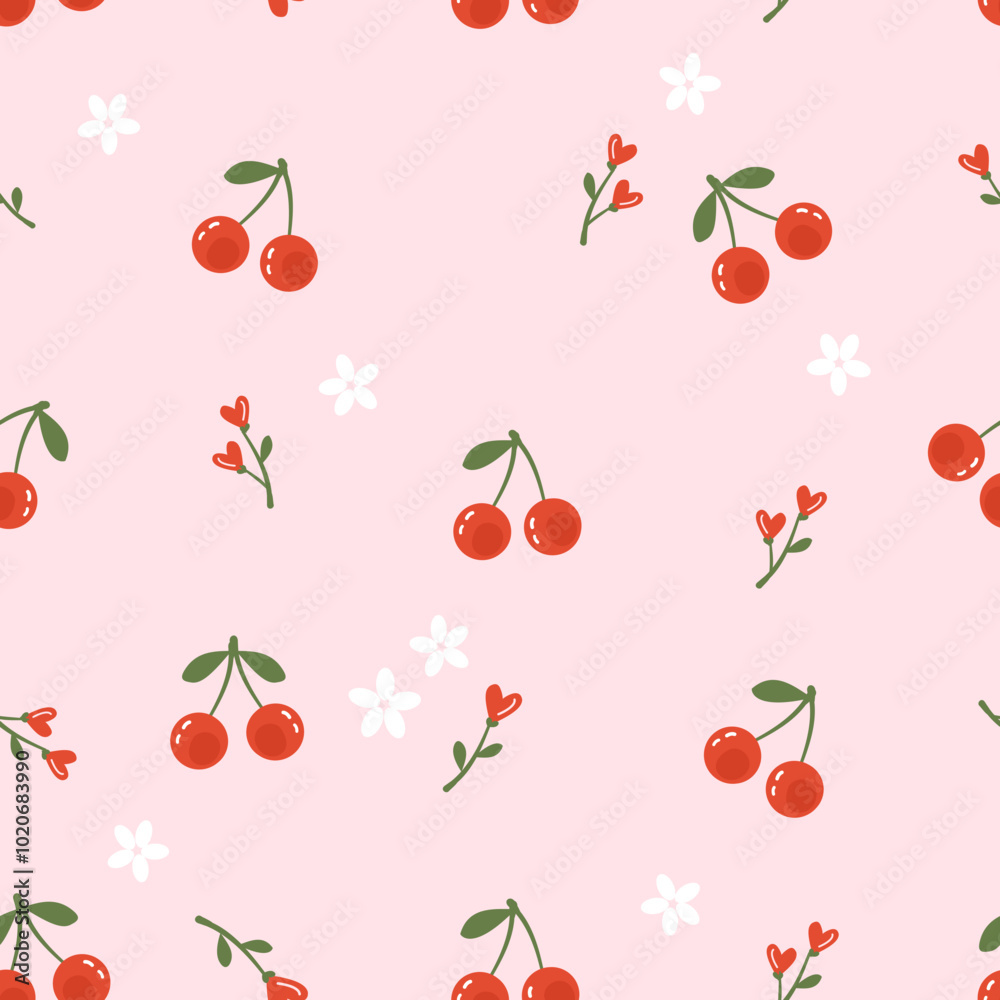 Seamless pattern with cherry fruit, heart shape flower on pink background vector. Seamless pattern with cherry fruit, heart shape flower on pink background vector.