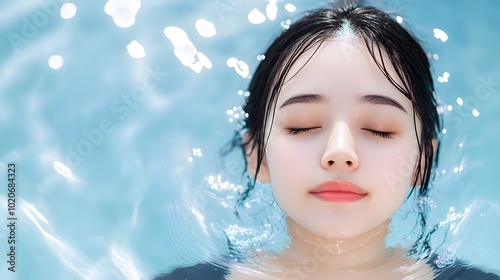 A serene woman floats peacefully in clear water, embodying tranquility and relaxation amidst soft light reflections.