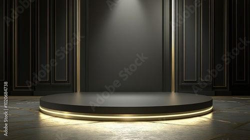 Illuminated Circular Platform with Gold Trim and Black Paneled Walls