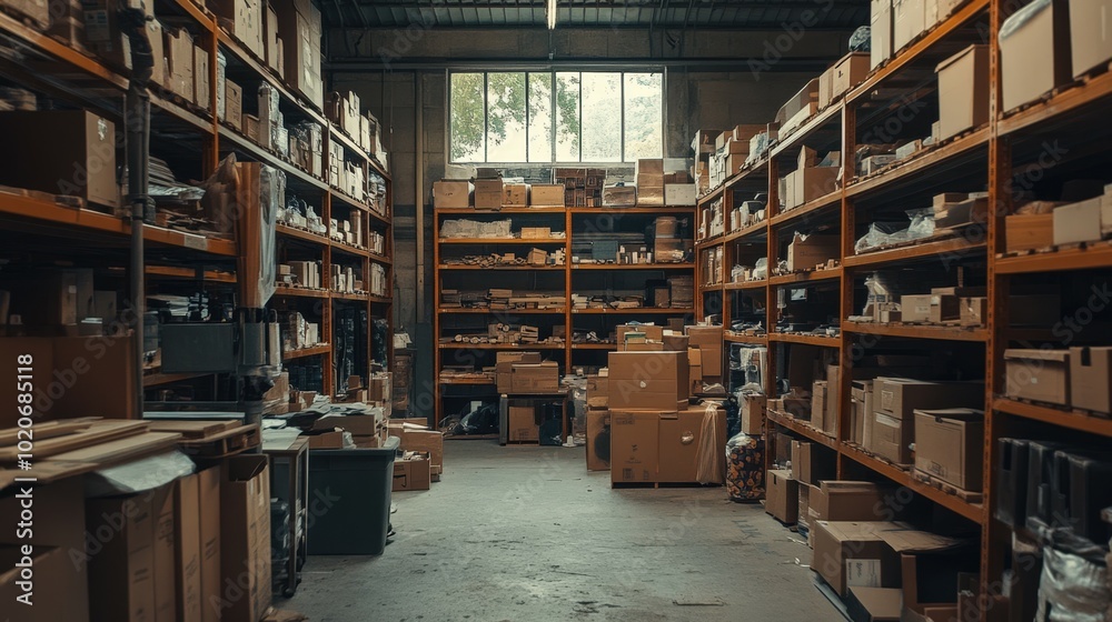 Cluttered warehouse interior with shelves and boxes Cluttered warehouse interior with shelves and boxes