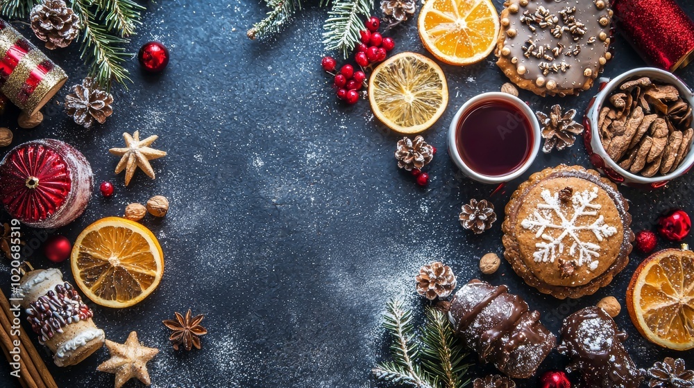 Festive Christmas baking scene with cookies and dried oranges Festive Christmas baking scene with cookies and dried oranges