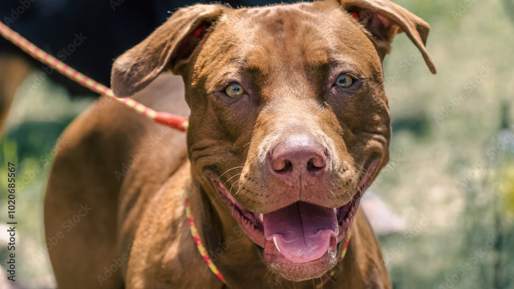 closeup portrait of a smiling redhead pit bull terrier closeup portrait of a smiling redhead pit bull terrier