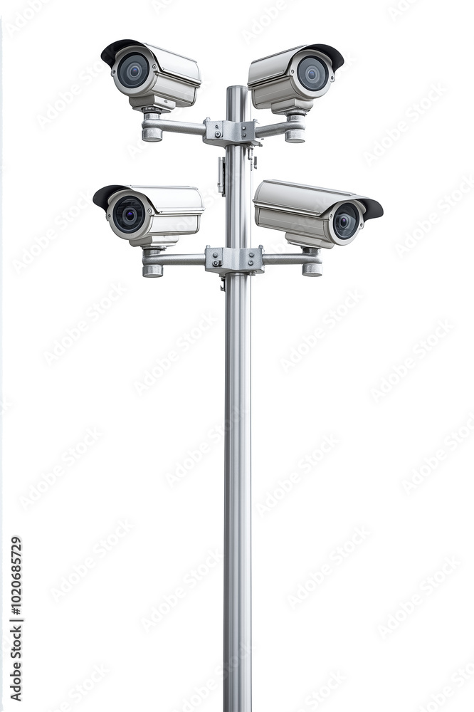Array of surveillance cameras arranged in a circular formation on a single pole, ideal for security-related content focusing on comprehensive surveillance solutions for public or private areas, alpha Array of surveillance cameras arranged in a circular formation on a single pole, ideal for security-related content focusing on comprehensive surveillance solutions for public or private areas, alpha