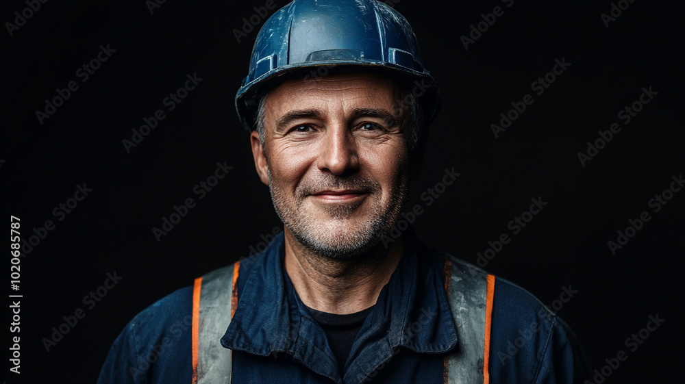 a smiling middle-aged worker in a dark blue uniform and helmet on a black background.