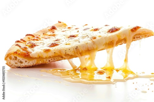 A slice of cheesy pizza with melted cheese dripping down photo