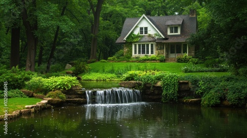 Tranquil pond with a cottage and flowing waterfall.