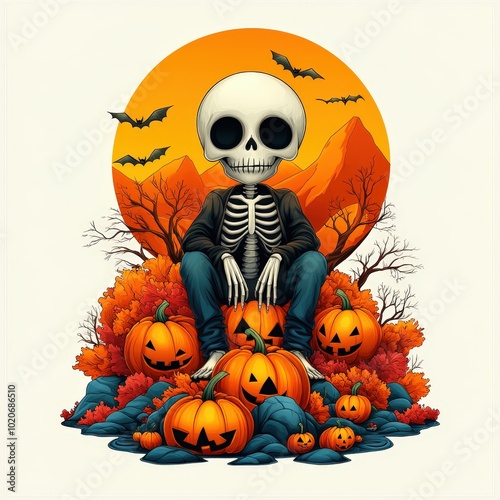 Halloween Skeleton Surrounded by Pumpkins and Bats