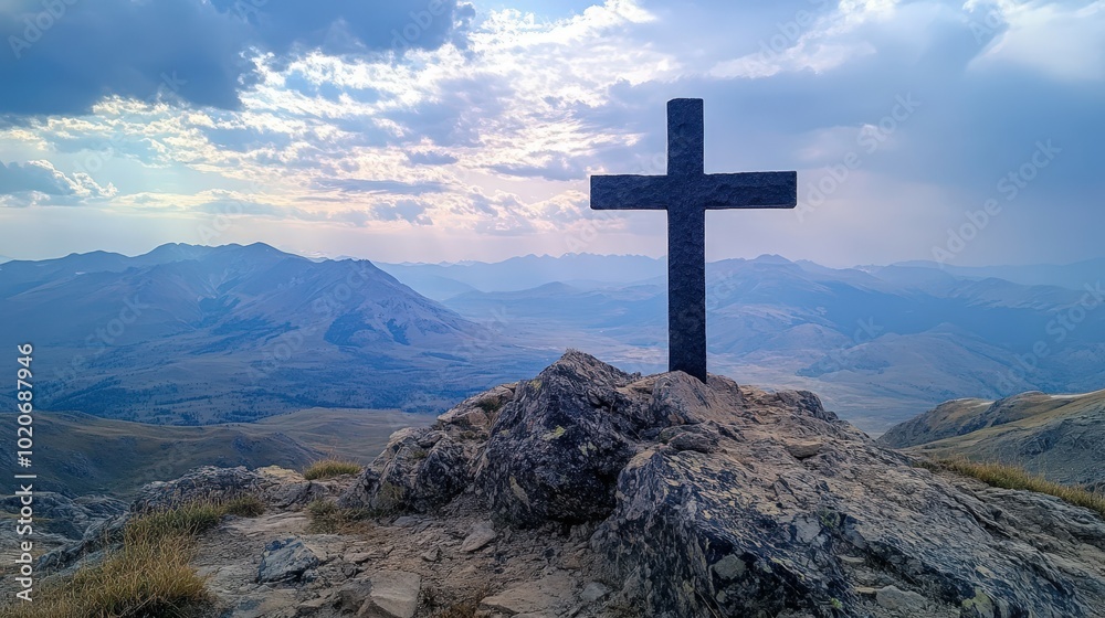 Cross on a rocky mountain peak overlooking a scenic landscape Cross on a rocky mountain peak overlooking a scenic landscape
