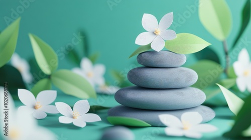 Gray zen stones stacked with fresh white flowers Represents concepts of harmony balance meditation spa treatments and relaxation