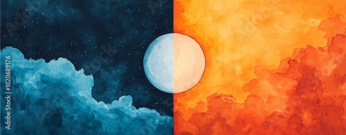 A stunning artwork depicting a celestial scene split between a serene night sky and a vibrant sunrise.