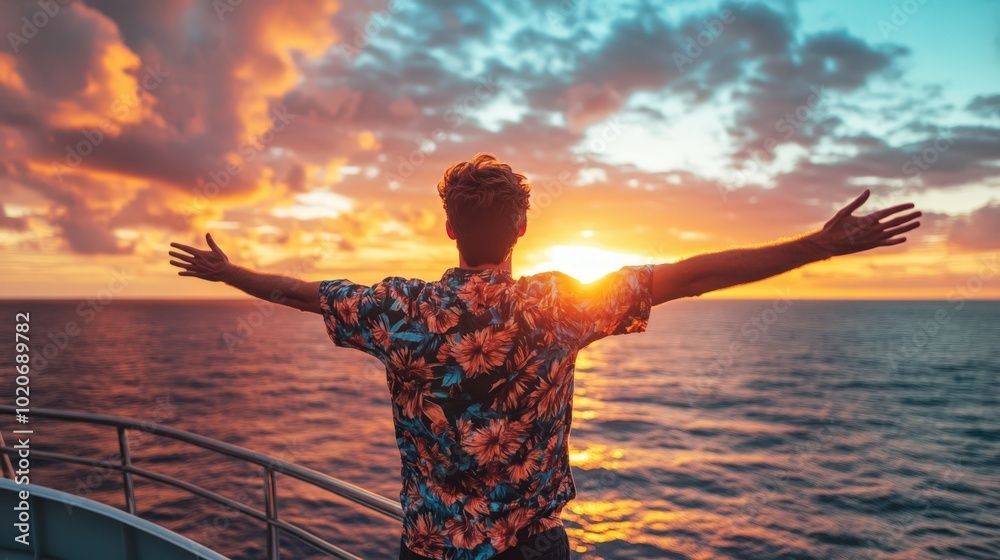 Fototapeta premium person enjoying sunset on boat with arms raised