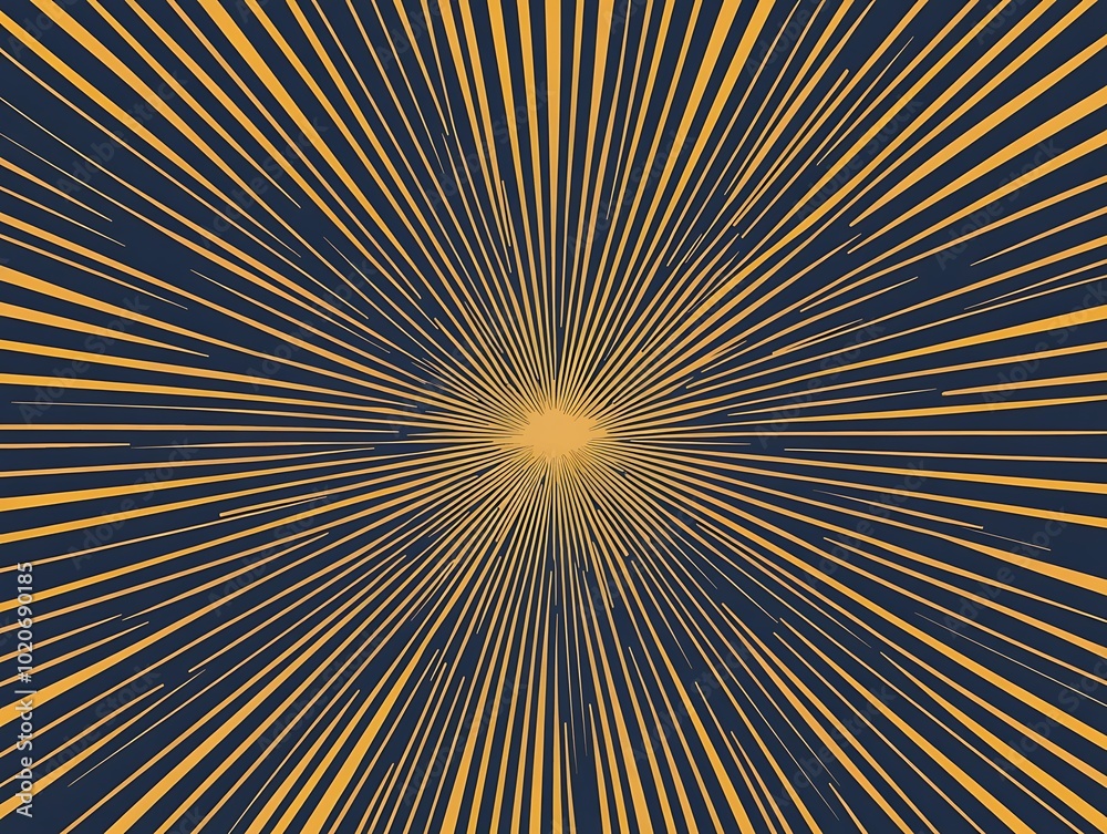 Obraz premium A golden sunburst emanating symmetrical, radiant rays against a dark blue backdrop