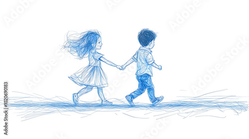 Blue Line Sketch of Boy and Girl Walking Hand in Hand photo