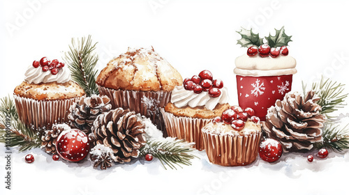 Festive watercolor background with Christmas pastries and desserts decorated with fir branches, cones and Christmas ornaments