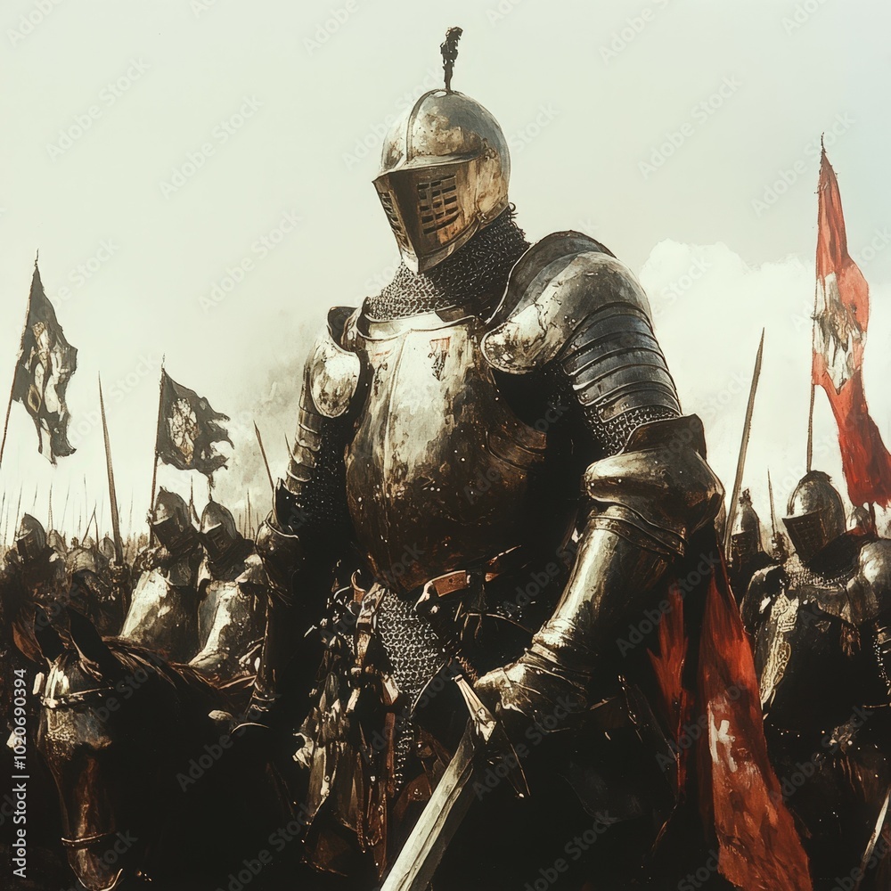 Armored knight leading medieval army into battle Armored knight leading medieval army into battle