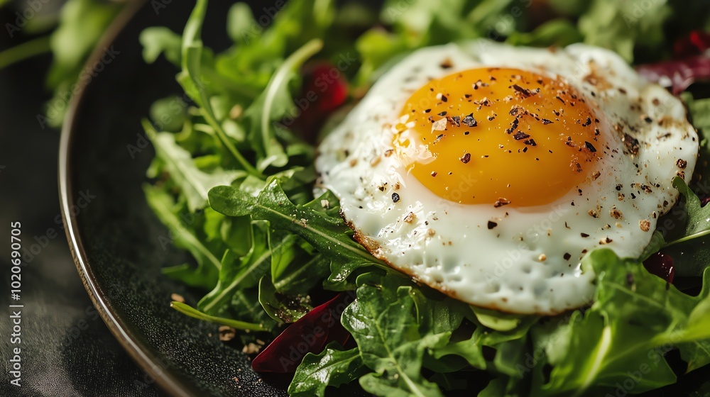 A fried egg on a bed of salad with cherry tomatoes and pepper. A fried egg on a bed of salad with cherry tomatoes and pepper.