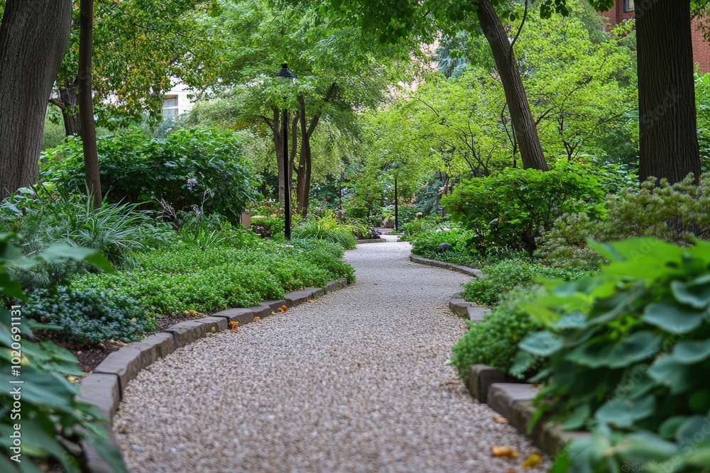 Lush green garden path with gravel walkway Lush green garden path with gravel walkway