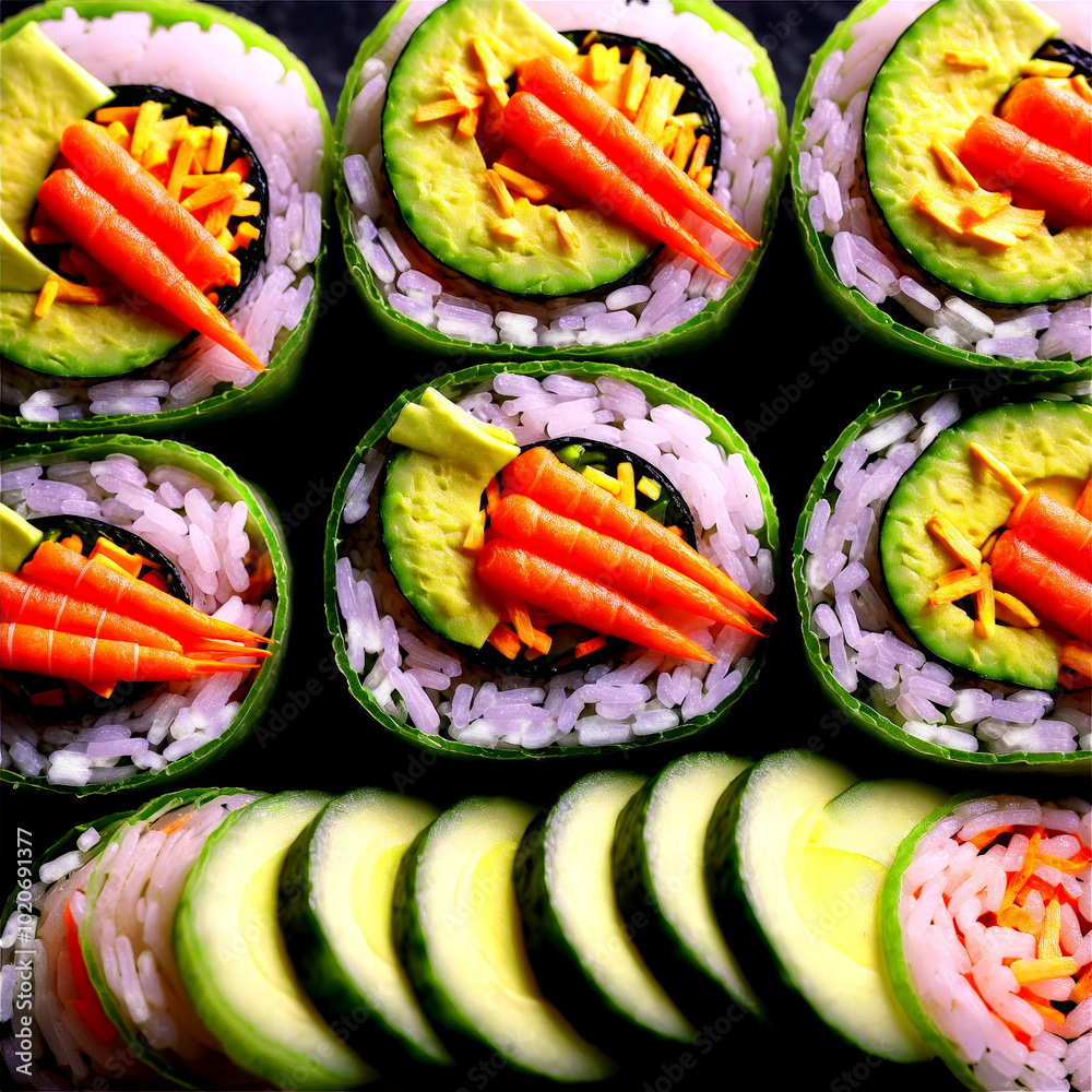 Veggie sushi avocado fan cucumber strip and carrot matchstick peeking from rice roll isolated Food Veggie sushi avocado fan cucumber strip and carrot matchstick peeking from rice roll isolated Food