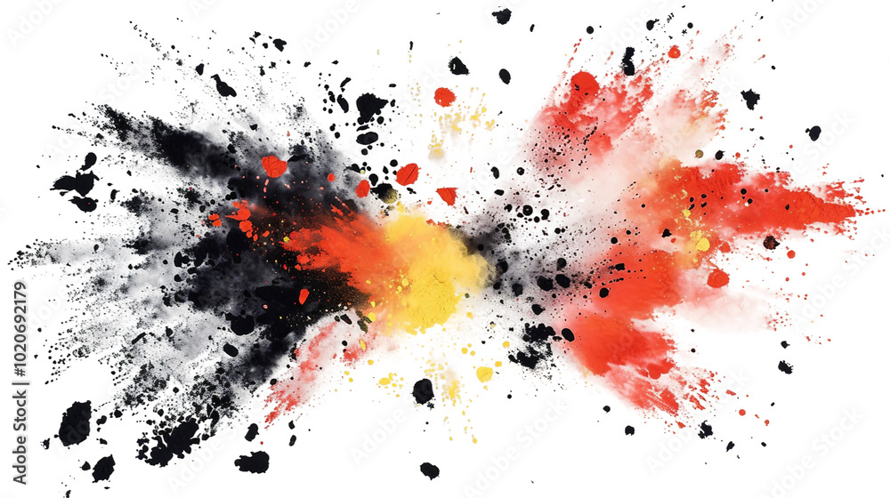 Dynamic explosion of colored powders in red black and yellow creating an artistic effect Dynamic explosion of colored powders in red black and yellow creating an artistic effect