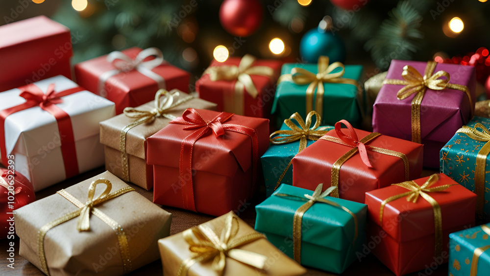 Pile of wrapped presents under the Christmas new year and christmas festive background concept,variety color of warp presents boxes with bow arrange on floor near christmas tree with decorating
Pile of wrapped presents under the Christmas new year and christmas festive background concept,variety color of warp presents boxes with bow arrange on floor near christmas tree with decorating