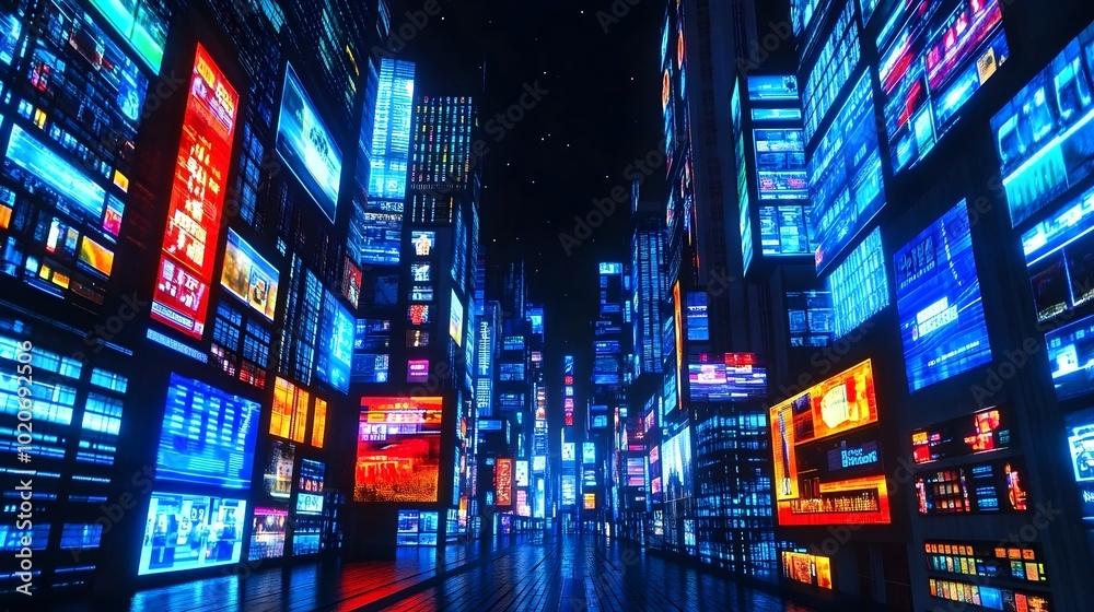 Obraz premium A city at night with glowing 3D street signs and billboards lighting up the streets, the lights giving an illusion of extending beyond the image for a bold visual effect