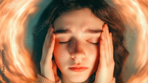 young woman with eyes closed experiencing headache or migraine