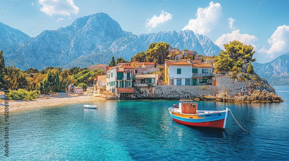 Naklejka premium Picturesque coastal village with colorful houses and boats