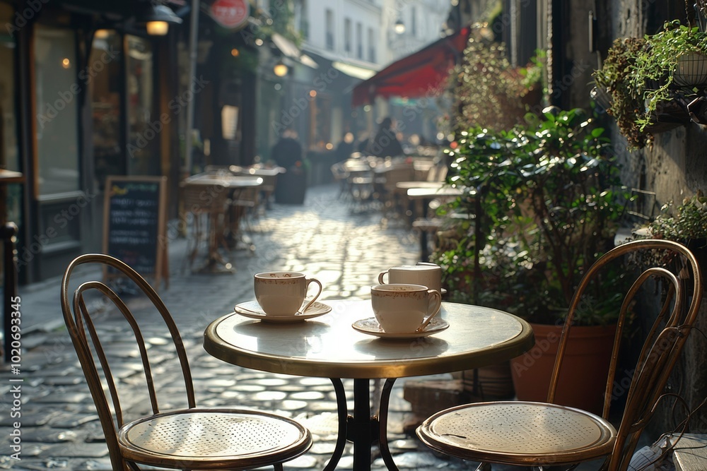 Empty Coffee Cups on a Table in a Parisian Alleyway Empty Coffee Cups on a Table in a Parisian Alleyway