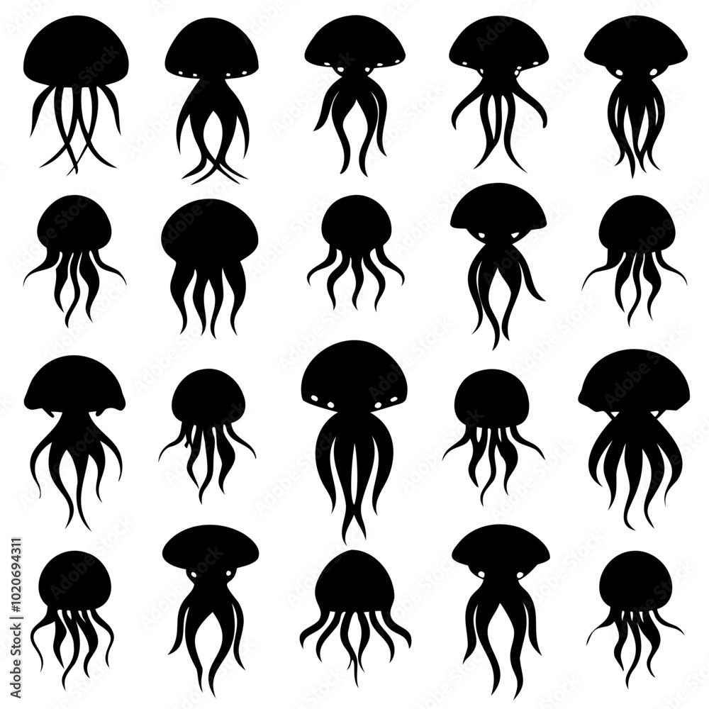 Sets of jellyfish full black silhouette Vector Illustration SVG or Transparent PNG Sets of jellyfish full black silhouette Vector Illustration SVG or Transparent PNG