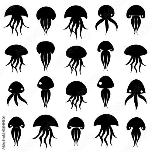 Sets of jellyfish full black silhouette Vector Illustration SVG or Transparent PNG