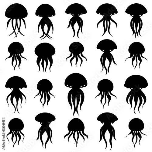 Sets of jellyfish full black silhouette Vector Illustration SVG or Transparent PNG