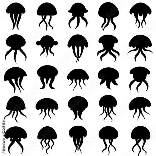 Sets of jellyfish full black silhouette Vector Illustration SVG or Transparent PNG